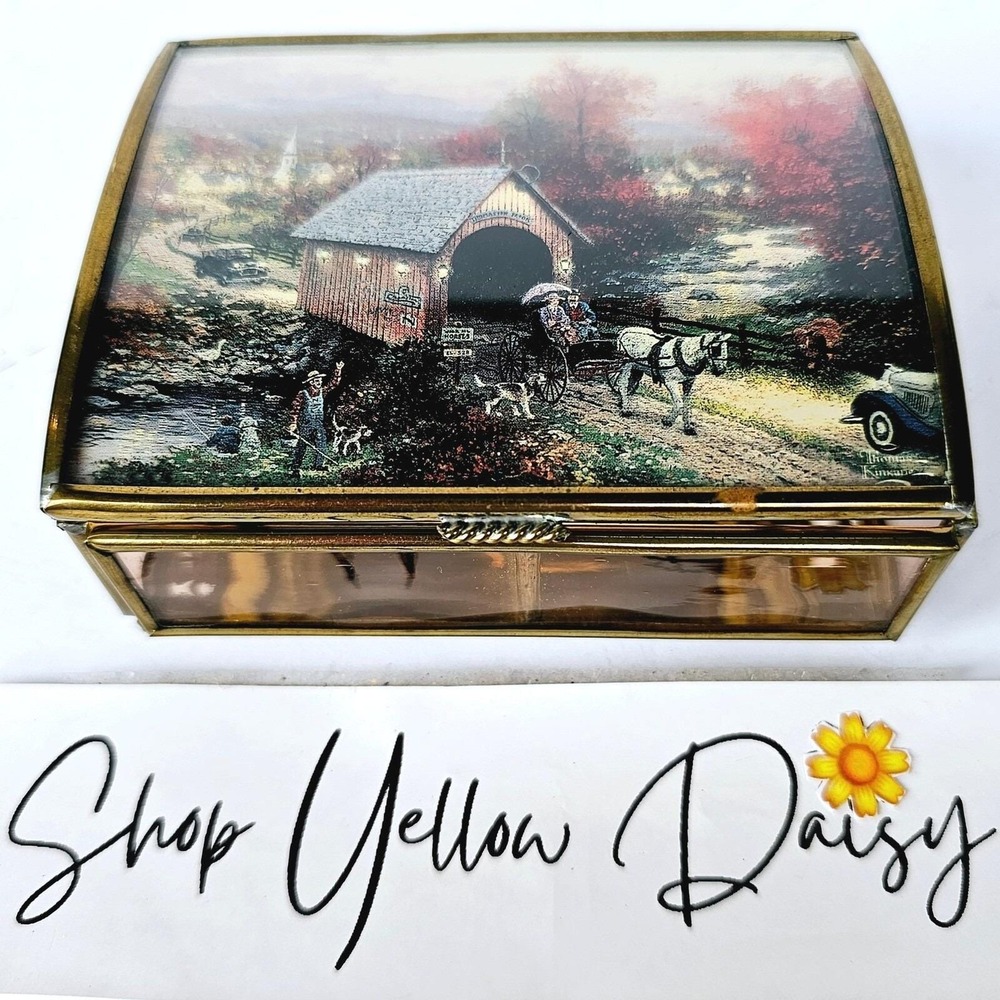 Vintage Enesco Thomas Kinkade Glass Jewelry Box Covered Bridge Scene Decor